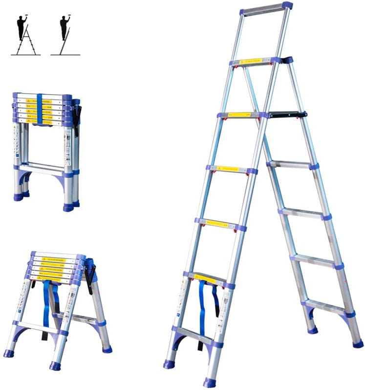 Teleskop-Trittleiter mit 7 Stufen EXTENDACT6, Teleskopleiter 2m+1.7m, faltbare Teleskop-Trittleiter, Max. Arbeitshöhe 3,...