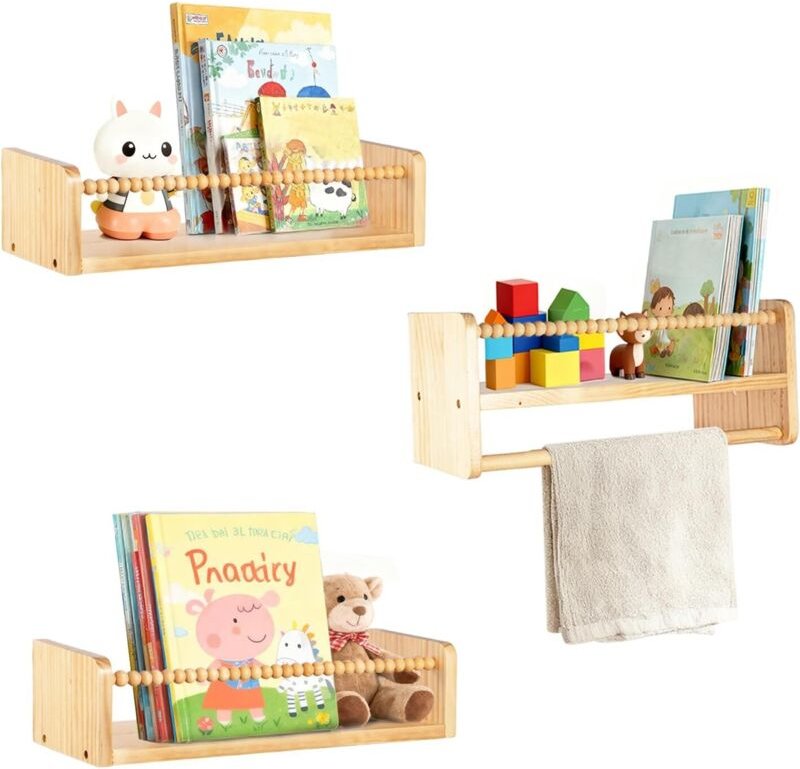 Youyijia Kinder Bücherregal Wand aus Massivholz, 40cm Wandregal Kinderzimmer, Montessori Regal für Bücher und Spielzeug,...
