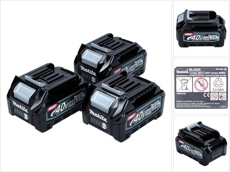 Makita Akku Set 40 V mit 3x BL 4025 2.5 Ah ( 3x 191B36-3 ) XGT Li-Ion Akku IP64 Schutzklasse mit LED Anzeige