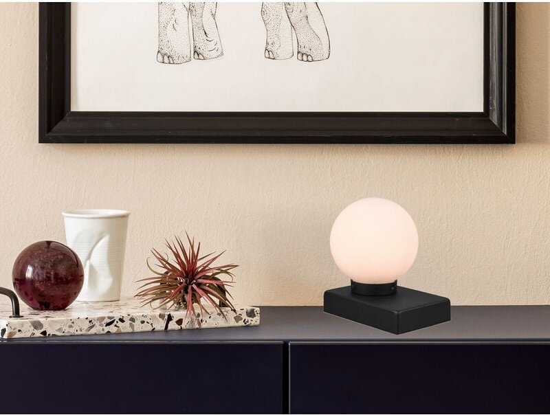 Trio Leuchten - Tischlampe davi ii Glaskugel Weiß Sockel Schwarz - Touchfunktion, Höhe 15cm
