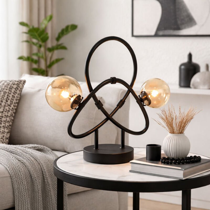 Led Tischlampe Retro Wohnzimmerlampe Edison Tischleuchte amber schwarz 2 flammig