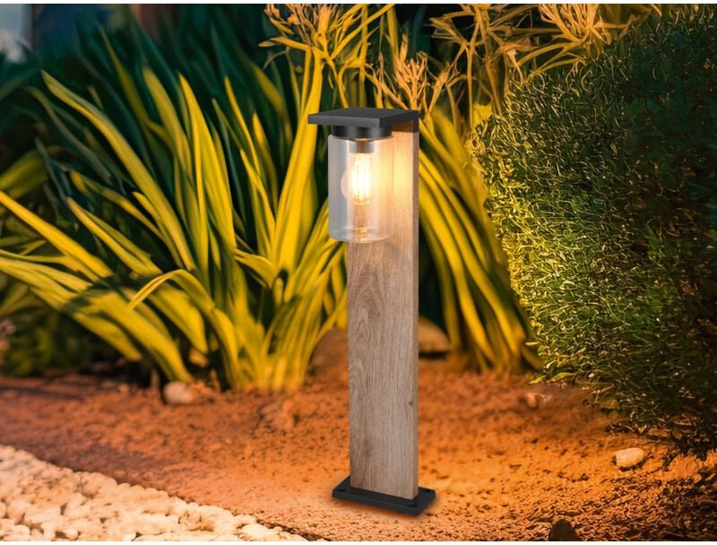 Meinewunschleuchte - led Sockelleuchte Laterne in Schwarz & Holzoptik mit Glasschirm, Höhe 65cm