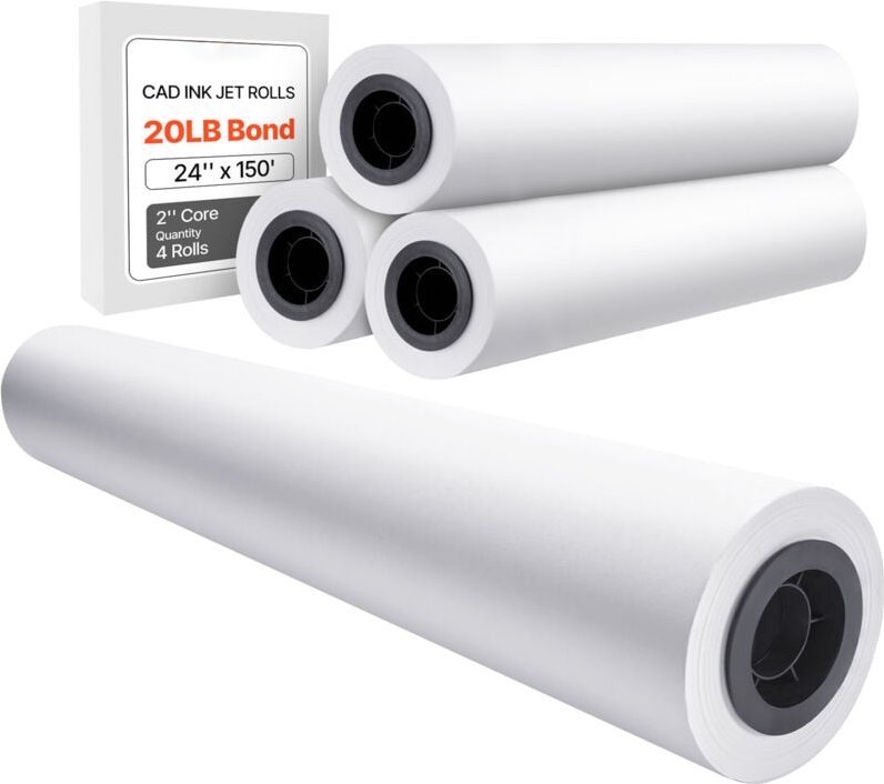Mophorn-Breitformatpapier, 24 Zoll x 150 Fuß Plotterpapier, 4 Rollen CAD-Bond-Rollen mit 2-Zoll-Kern, 20 LB-Bond-Papierr...