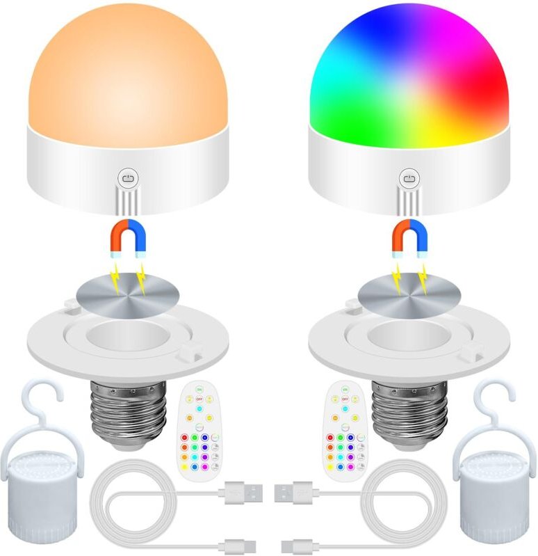 2er-Pack E27-Glühbirnen, wiederaufladbar über USB, mit 2 Fernbedienungen, dimmbare RGB-Glühbirne mit Farbwechsel, magnet...