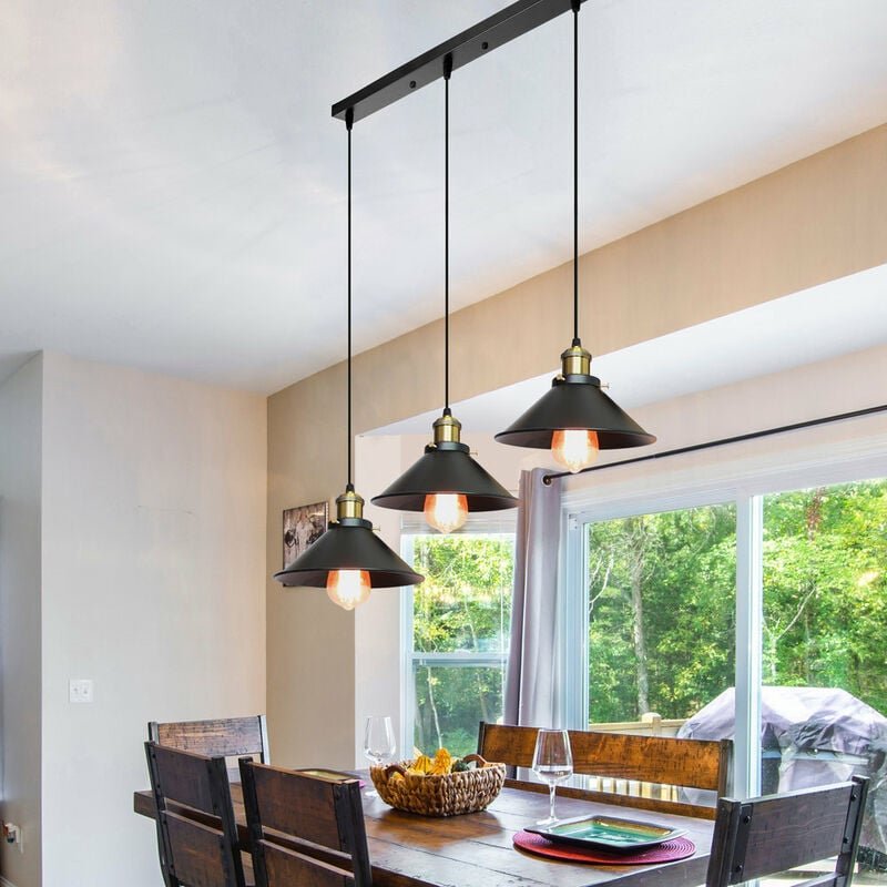 Pendelleuchte Schwarz 3 Flammig Kronleuchter Industrielle Stil Hängelampe mit Ø22cm Metall Lampenschirm Regenschirm Edis...