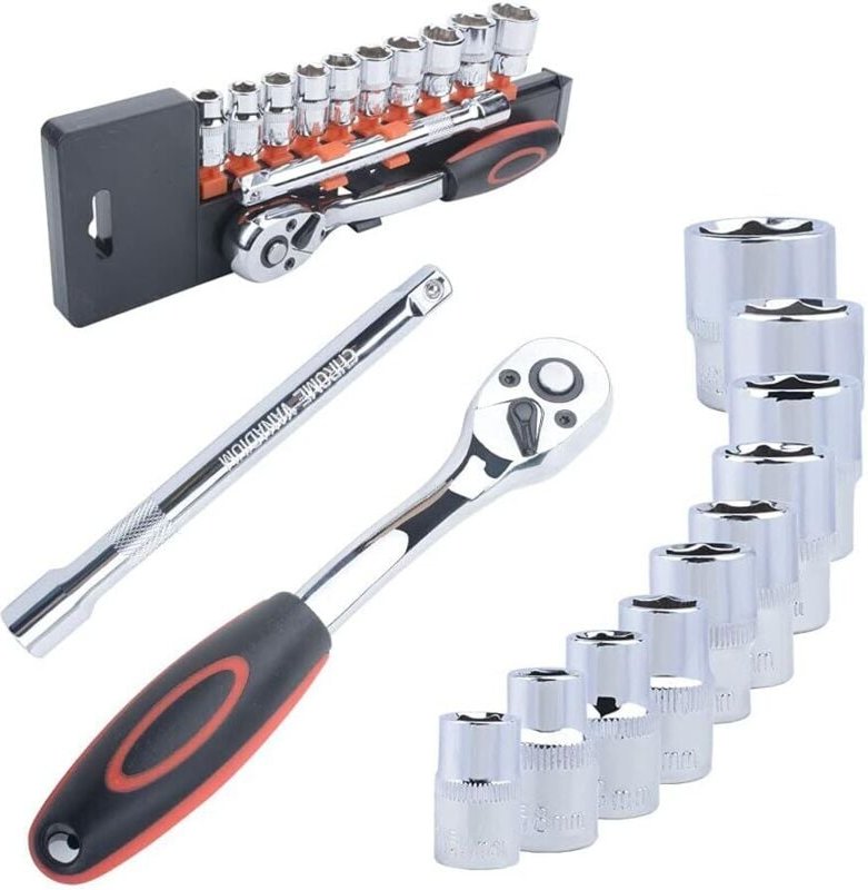 12-teiliger Steckschlüsselsatz mit 3/8-Zoll-Ratschen, 8-mm-19-mm-Sechskanteinsätzen und umschaltbarer 200-mm-Cr-V-Ratsch...