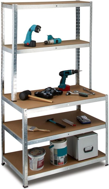 2 x Schwerlastregal mit Werkbank, 900 kg, 5 Böden, Freistehend, Metall, mdf, Steckregal, HxBxT: 180 x 100 x 60 cm, grau