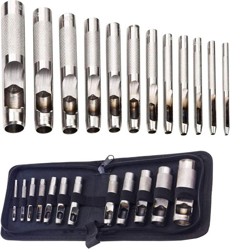 12-teiliges Stanzwerkzeug-Set für hohles Leder, für Leder, Uhrenarmbänder, Segeltuch, Ösen 3 mm – 19 mm (Metall)
