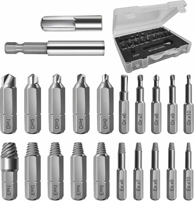 22-teiliges Set zum Ausdrehen beschädigter Schrauben, HSS-Schraubenentferner-Set mit magnetischem Bithalter und Stecksch...
