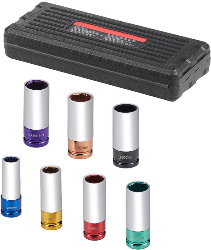 Radmuttern-Schlagsteckschlüsselsatz, 1/2 Zoll Antrieb, metrischer 6-Punkt-Tiefsteckschlüsselsatz, 7 Radmutterngrößen: 17...