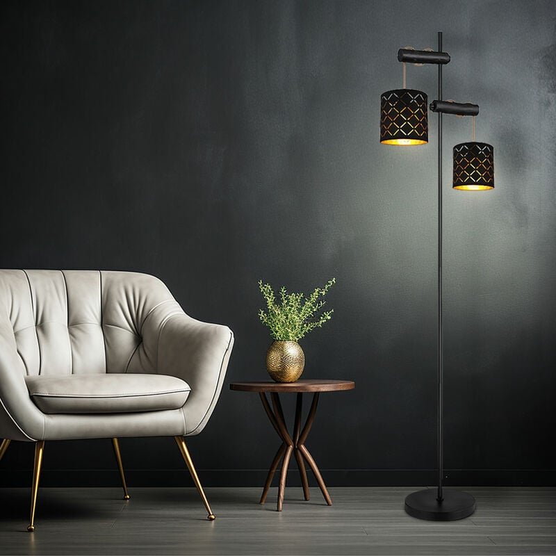Thumbnail - Stehleuchte Standlampe Wohnzimmerleuchte 2-flammig Höhe verstellbar, Textil, schwarz golden, 2x E27, LxBxH 41x23x150 cm