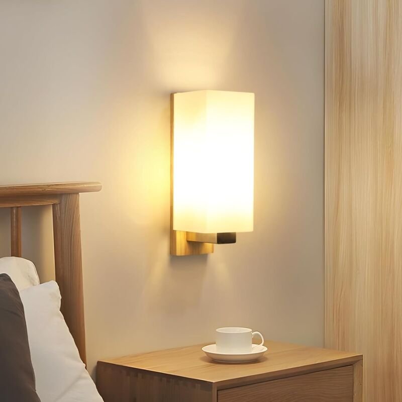 GOECO Skandinavische Wandleuchte – Rechteckiges Design aus Holz und Glas (28 x 10 x 12 cm) – E27-Fassung – Leuchtmittel ...