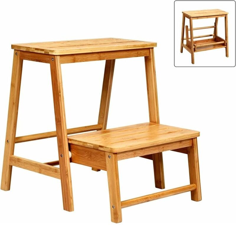 Thumbnail - 2-Stufen Tritthocker, Leiterstuhl klappbar Bambus Trittleiter bis 150kg Haushaltsleiter 45 x 51 x 48 cm - Costway