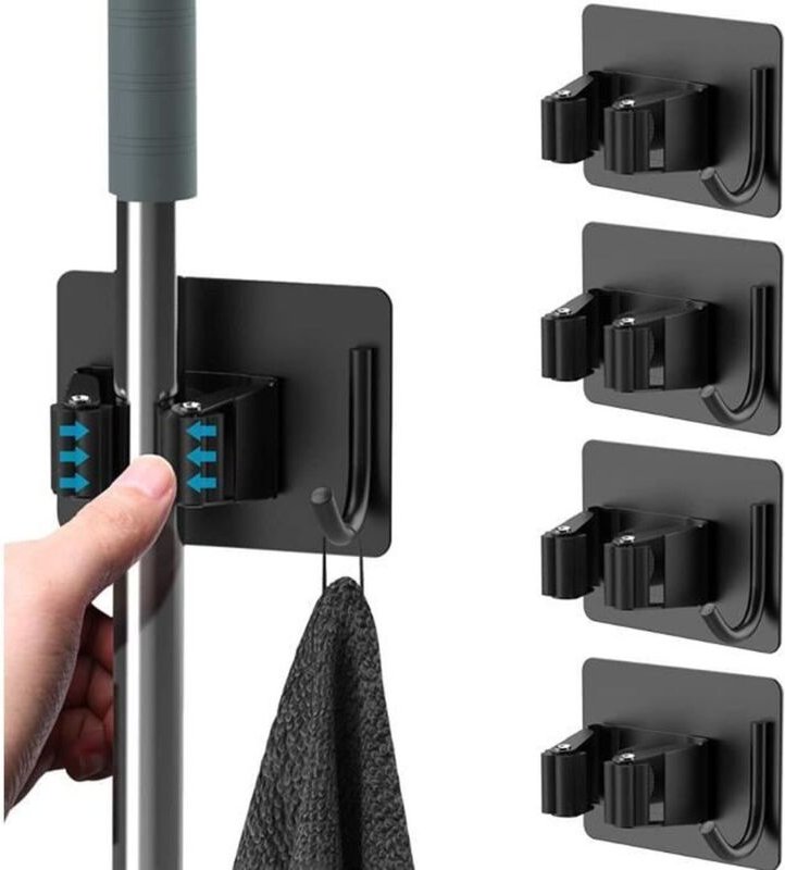 Besenhalter aus Edelstahl mit Klebebefestigung zur Wandmontage und Haken für Küche, Garten, Balkon, Garage, Grau - 4 Stü...