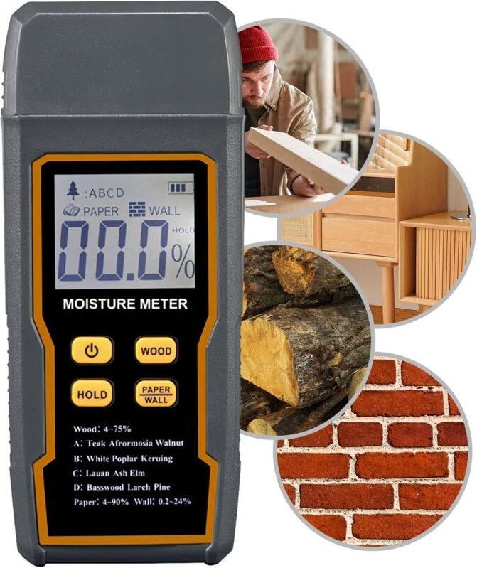 Feuchtigkeitstester, FORTSPANG Pin-Feuchtigkeitsdetektor-Analysator für Holz, Papier, Mauerwerk, Wände, Genauigkeit ± 0,...