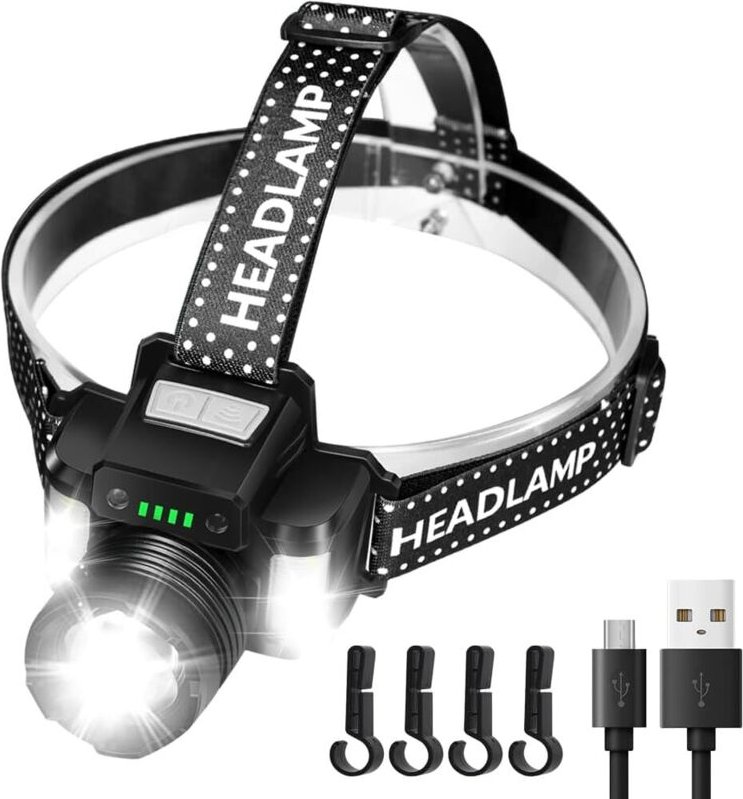 LED-Stirnlampe 2000 Lumen, USB-C-wiederaufladbar, superhelle Stirnlampe für Schutzhelme mit Rot- und Blaulicht, Bewegung...