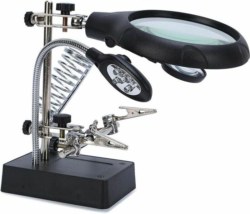 2,5x 7,5x 10x Vergrößerungsständer, Lupen mit 5 LEDs, multifunktionaler Lötkolben mit drittem Zeiger für Elektronikingen...