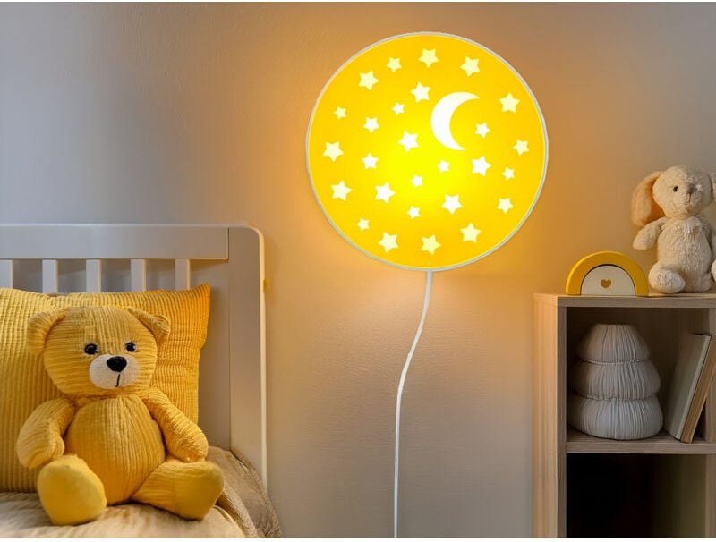 Kinderzimmer Wandlampe mit Mond & Sternen Sonnengelb Schalter und Stecker Ø25cm