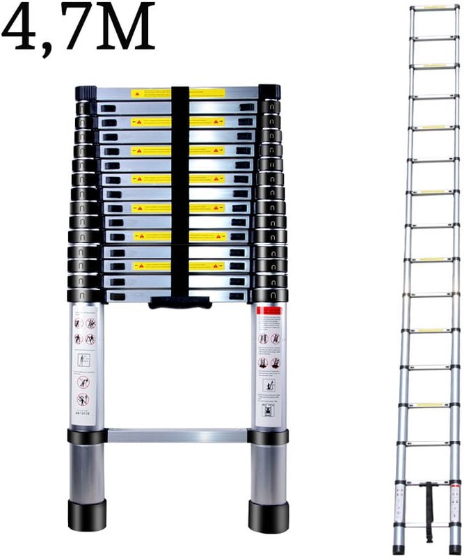 4,7M Teleskopleiter aus Aluminium Höhen Verstellbar, Loftleiter mit Stabilisator, 150 kg/330P Belastbarkeit (Silber)