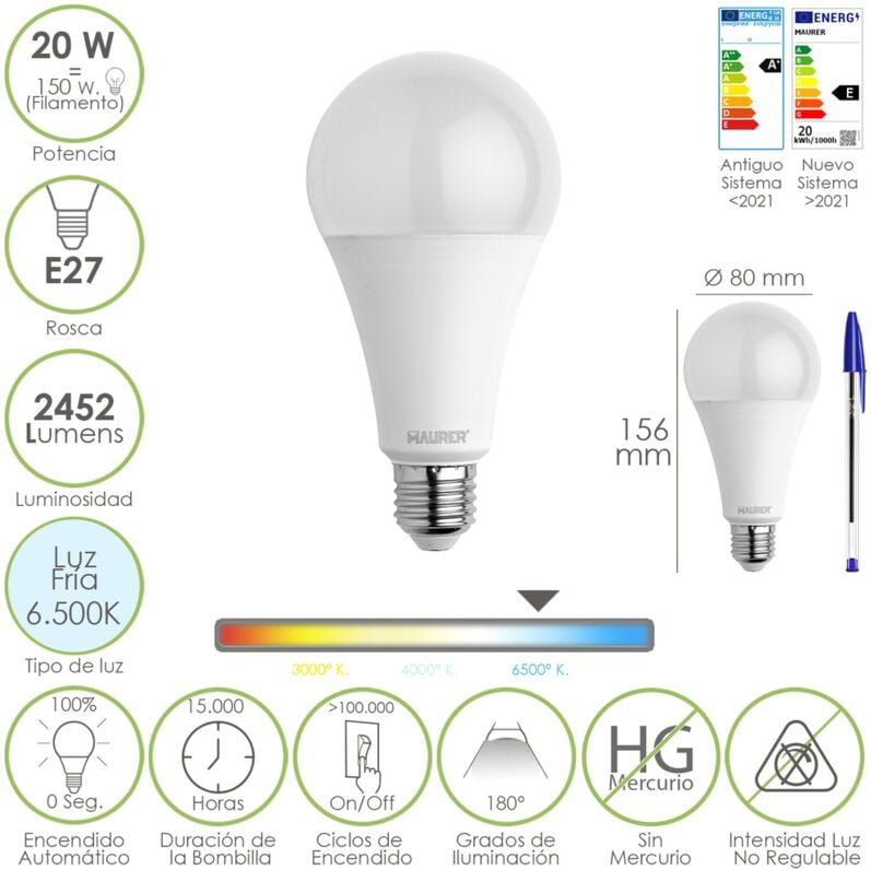 Bombilla Led Estandar Rosca E27. 20 Watt. Equivale a 150 Watt. 2452 Lumenes. Luz Fria (6500º k.)