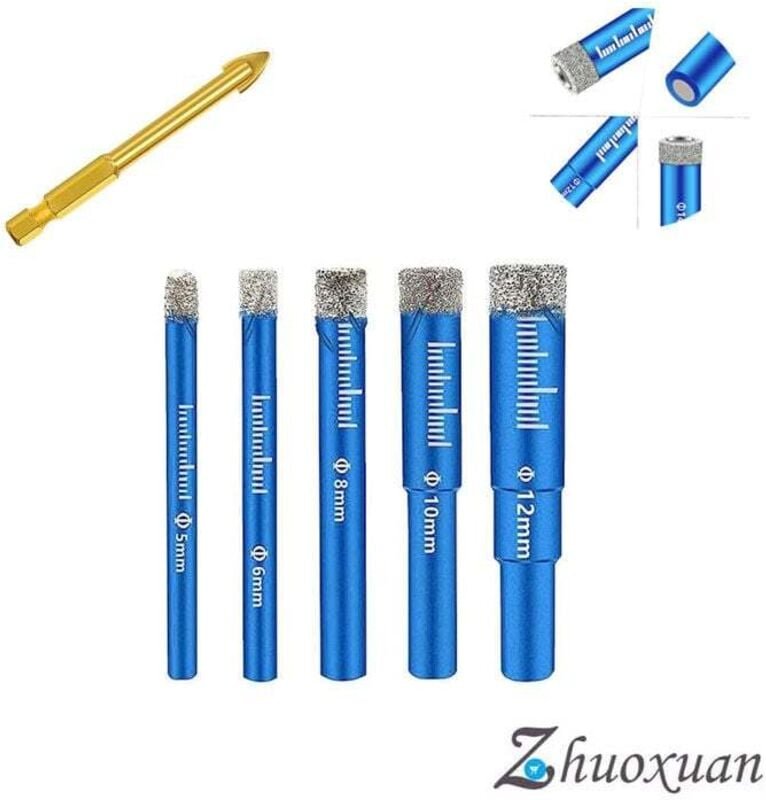 Brocas para azulejos, 5 piezas de brocas de diamante con vástago hexagonal, brocas para azulejos de cerámica de 5/6/8/10...