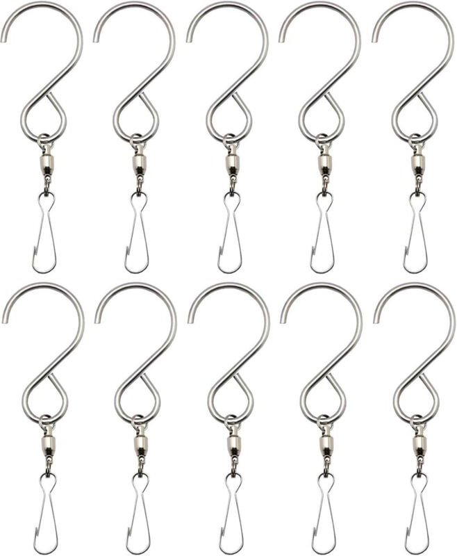 Drehbare Haken-Clips, 10 Stück, S-Haken aus Edelstahl, drehbare Drehhaken-Clips, Windspiel-Spinner, Hängekörbe für den A...