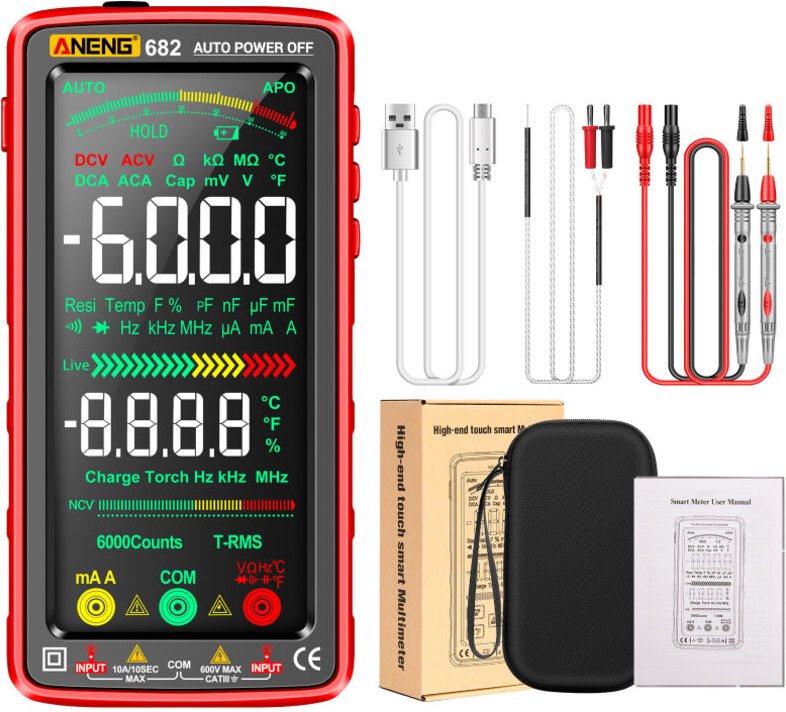 Multimetro digitale a 6000 conteggi, ampio schermo LCD, antiscottatura, ricaricabile, rilevamento NCV, torcia per la mis...