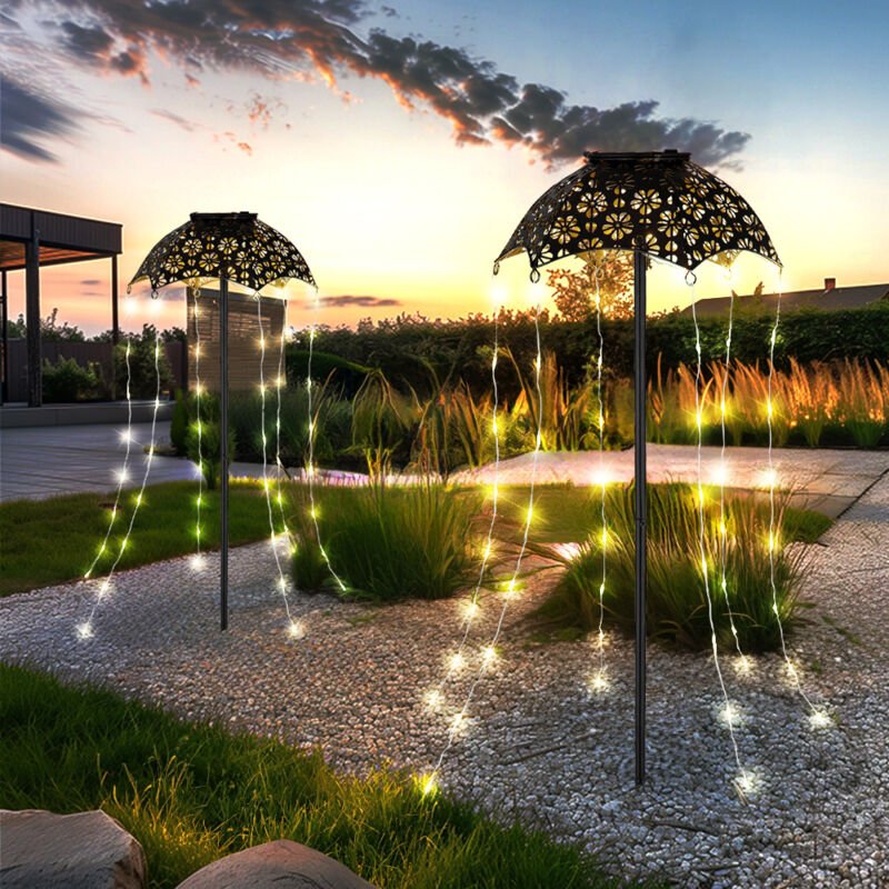 Thumbnail - Solarlampe Außenleuchte mit Erdspieß Gartendeko Regenschirm Terrassenlampe, schwarz kuper, 60x led warmweiß, DxH 20,5 x ...