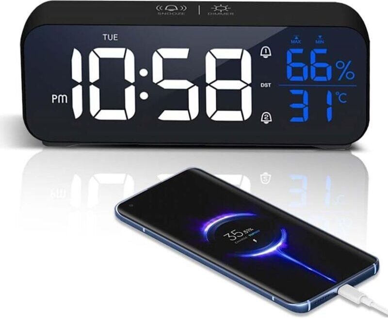 Digitaler LED-Wecker mit Spiegel, Schlummerfunktion, großem Display und Temperaturanzeige, USB-betriebener Lichtwecker, ...