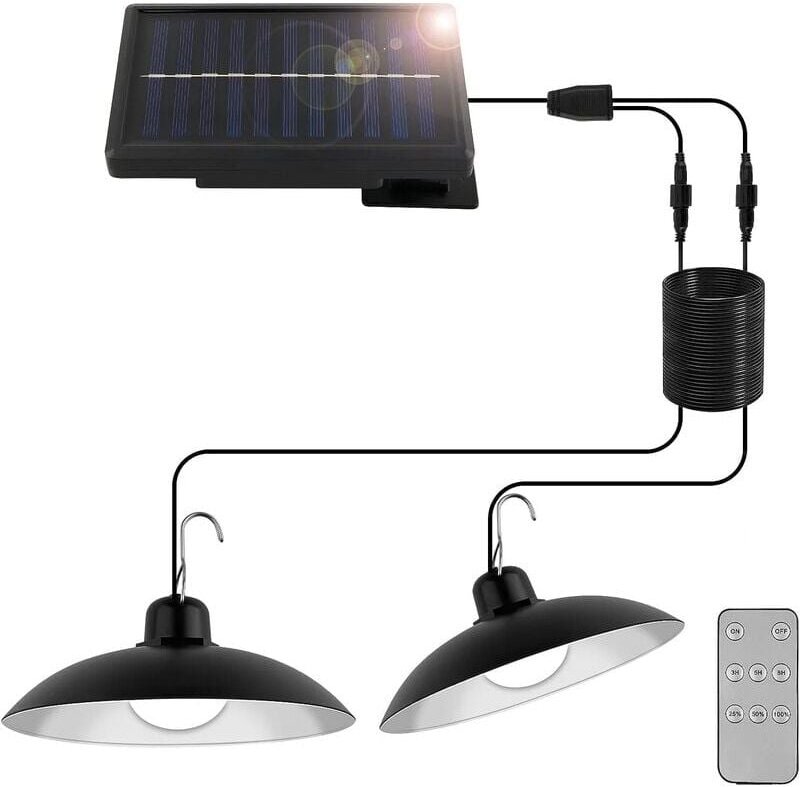 Thumbnail - Solar-Hängeleuchte für den Außenbereich, Solar-Pendelleuchte mit zwei Köpfen und Fernbedienung, 3 Helligkeitsmodi, IP44,...