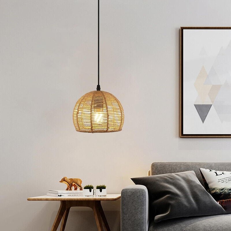 GOECO Rattan-Pendelleuchte, Retro-Kronleuchter, handgewebte natürliche Rattan-Hängelampe, runder Holz-Rattan-Lampenschir...