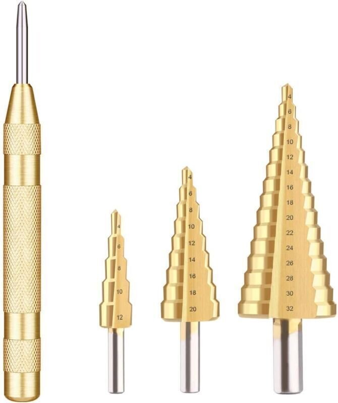 HSS-Stufenbohrer für Metall, 4-teilig, 4-12/20/32 mm, dreieckig, konisch, Sechskant, Edelstahl