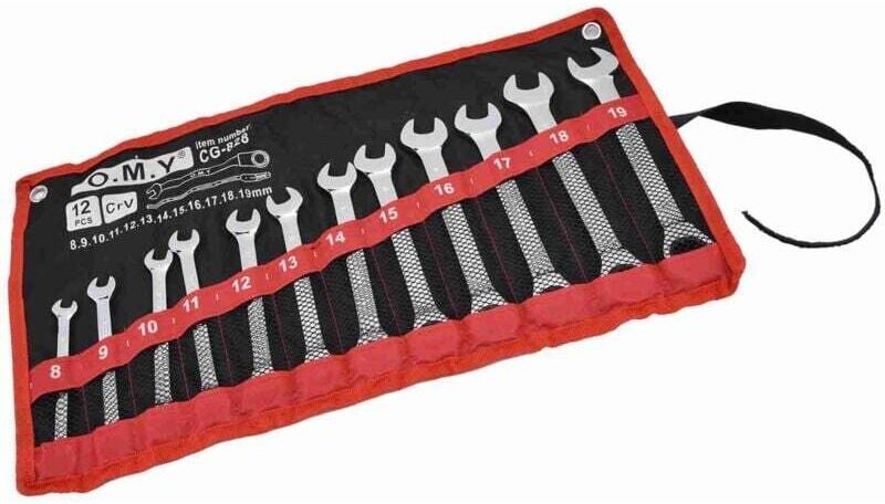 Ulisem Ratschenschlüssel-Set, metrisch, Chrom-Vanadium-Stahl, 8–19 mm, mit Aufbewahrungstasche (fester Kopf), 12-teilig