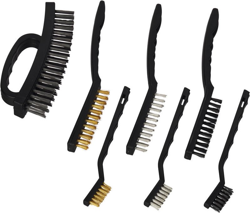 Relaxdays - Drahtbürste 7-teiliges Set, je 2 Edelstahl-, Nylon- & Messingbürsten, Stahlbürste mit Griff, 3-reihig, schwa...