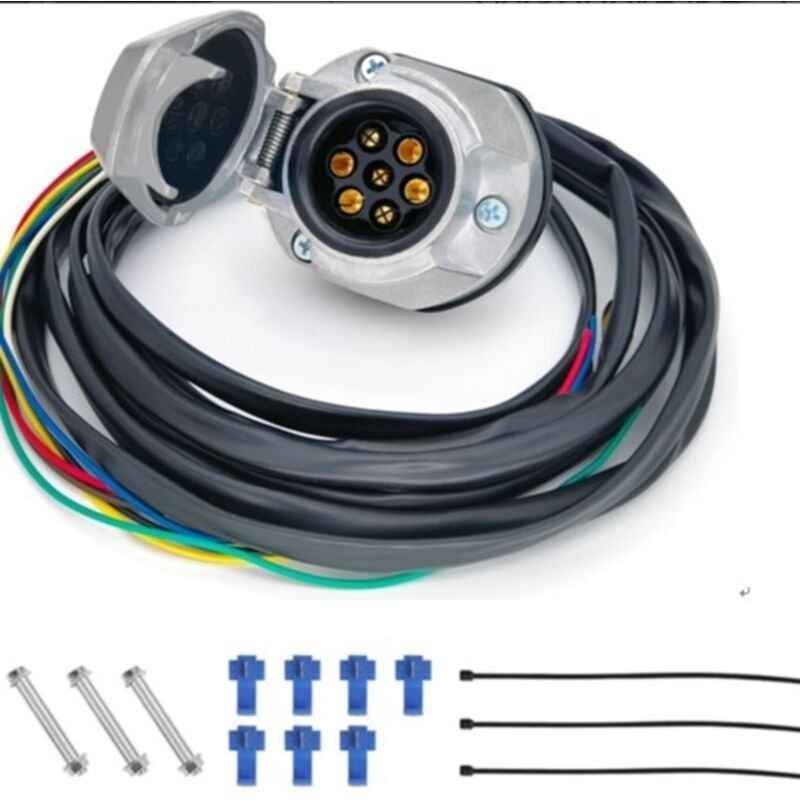7-poliger Anhängerstecker mit 2 m Kabel – 7-adrig, vorverdrahteter 7-poliger Wohnwagenstecker, Aluminiumgehäuse