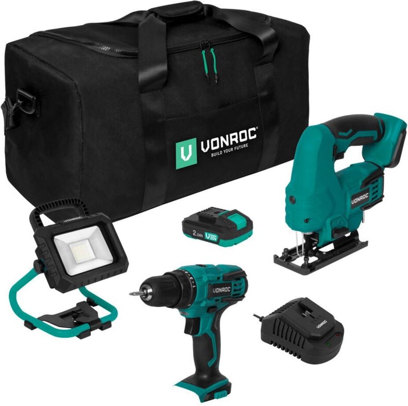 Thumbnail - Vonroc - Werkzeugsatz/Maschinen-set 20V – Werkzeugtasche inkl.: Akkubohrer, Stichsäge, Arbeitsleuchte 1x 2.0Ah Akku und ...