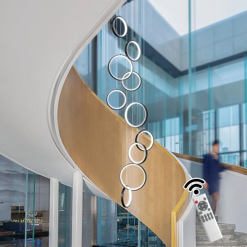 Ganeed Schwarzer moderner Kronleuchter, Luxuriöser Moderner LED Kronleuchter, Dimmbar, Lange Treppen Kronleuchter, Beleu...