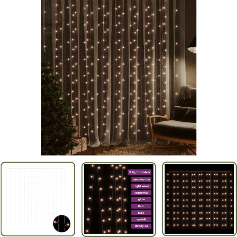 The Living Store LED-Lichtervorhang 3x3 m 300 LED Warmweiß 8 Funktionen - LED-Vorhang - Lichterketten - Weihnachtsdeko -...