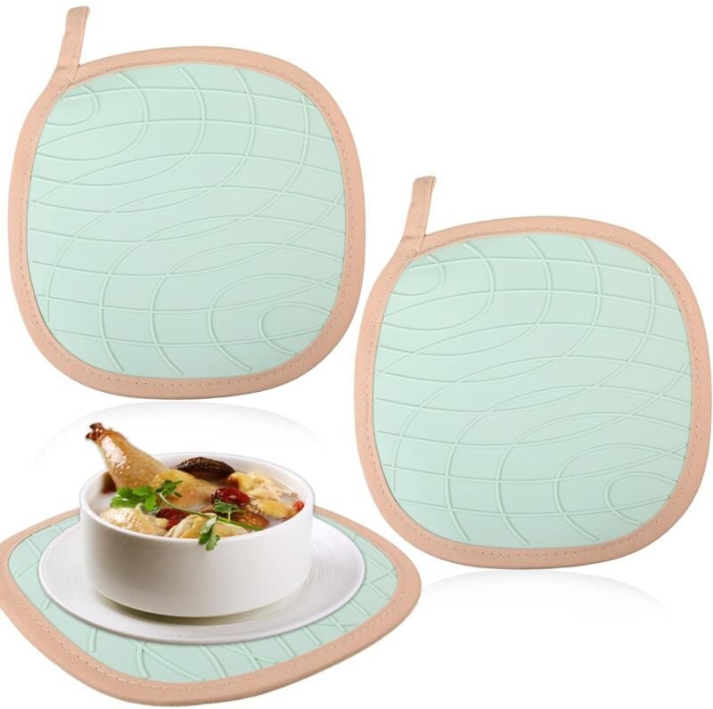 Lntyq - Ofenhandschuh, 2 Stück, rutschfestes Silikon, 260 ℃, hitzebeständig, grüner Topfuntersetzer, Baumwoll-Schutzhand...