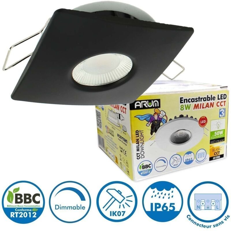 Arum Lighting - 8W LED-Einbaustrahler milan cct IP65 IK07 Schwarzer quadratischer Rahmen mit dimmbarem Transformator