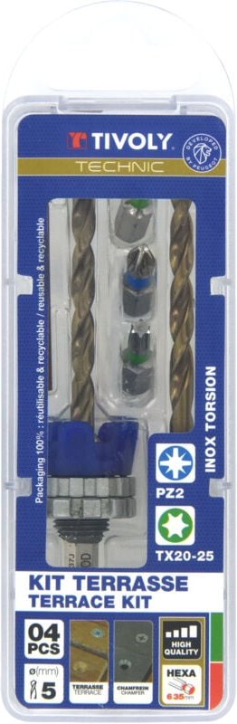 Tivoly - Terrassenset • Ø5-mm-Bohrer mit Senker • Bohrer und Senker 2 in 1 Holz-Metall • 3 Edelstahl-Schraubenbits • Ers...