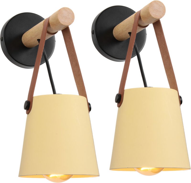 2X Wandleuchte Innen Gelb, Vintage Wandlampe Holz und Metall E27 Nachttischlampe für Wohnzimmer Schlafzimmer Flur Treppe...