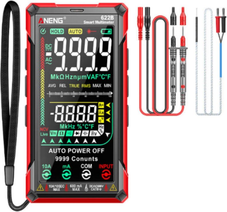 Multimetro digitale Smart Touch, con selezione automatica della portata, 9999 conteggi, ricaricabile, misura ohm, ampere...