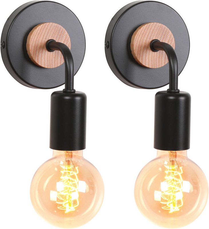 2 Stück Wandlampe Vintage Innen Holz Wandleuchte E27 Metall Lampenkopf für Flur Schlafzimmer Wohnzimmer - Schwarz (Ohne ...