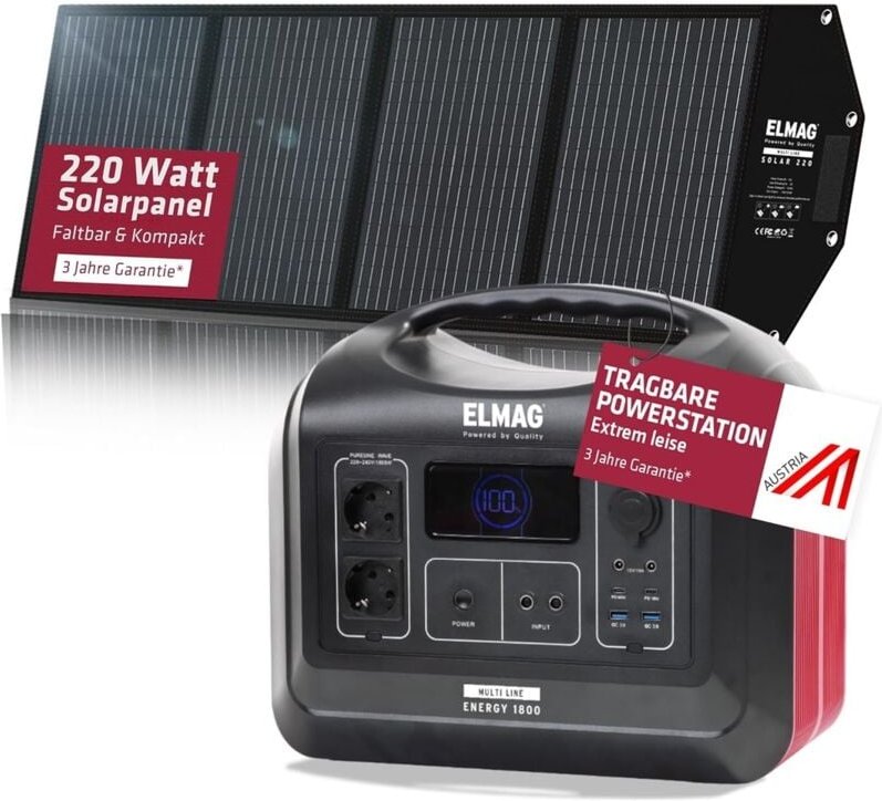 Solargenerator-Set energy 1800 + solar 220 1800W, LiFEPO4 Akku, 1480Wh, 220Wp PV-Panel - Elmag