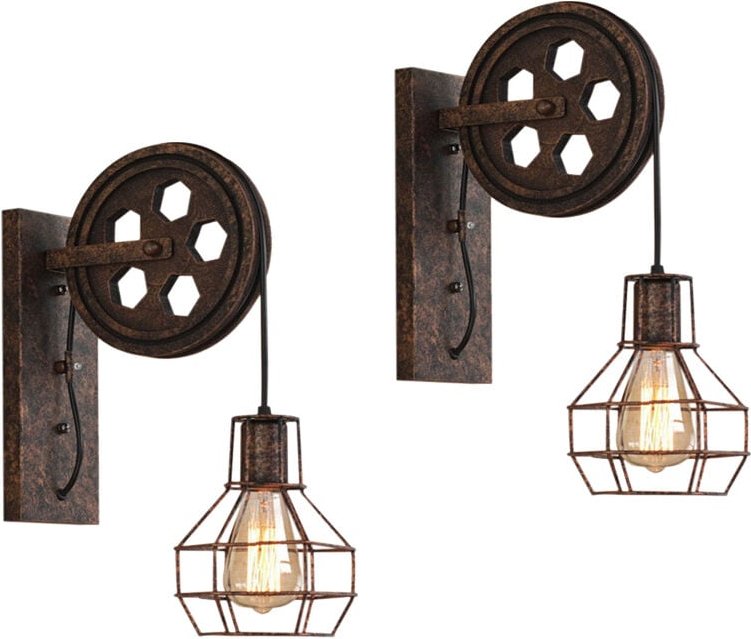 2er Wandleuchte Innen, Kreativ Flaschenzug Wandlampe, Vintage Industri Wandlampe mit Metallkäfig für Wohnzimmer Schlafzi...