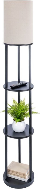 Relaxdays Stehlampe mit Regal, HD: 180 x 30 cm, E27-Fassung, Holz & Leinen, modernes Design, Stehleuchte, schwarz-weiß