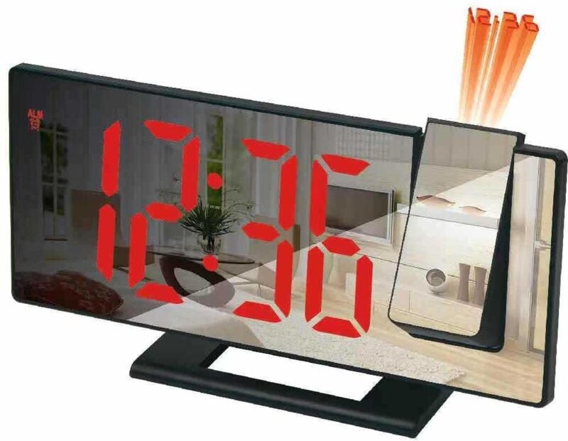 Boîtier noir avec texte rouge) Réveil projecteur, réveil à projection 180°, horloge numérique avec écran miroir led, por...