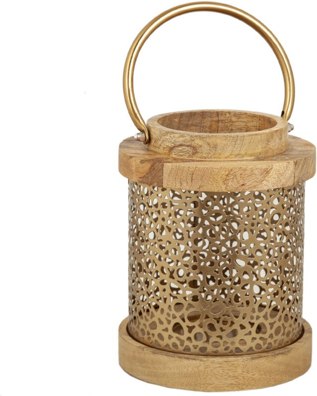 Fijalo - Laterne aus Holz/goldfarbenem Metall, 16 x 16 x 22 cm