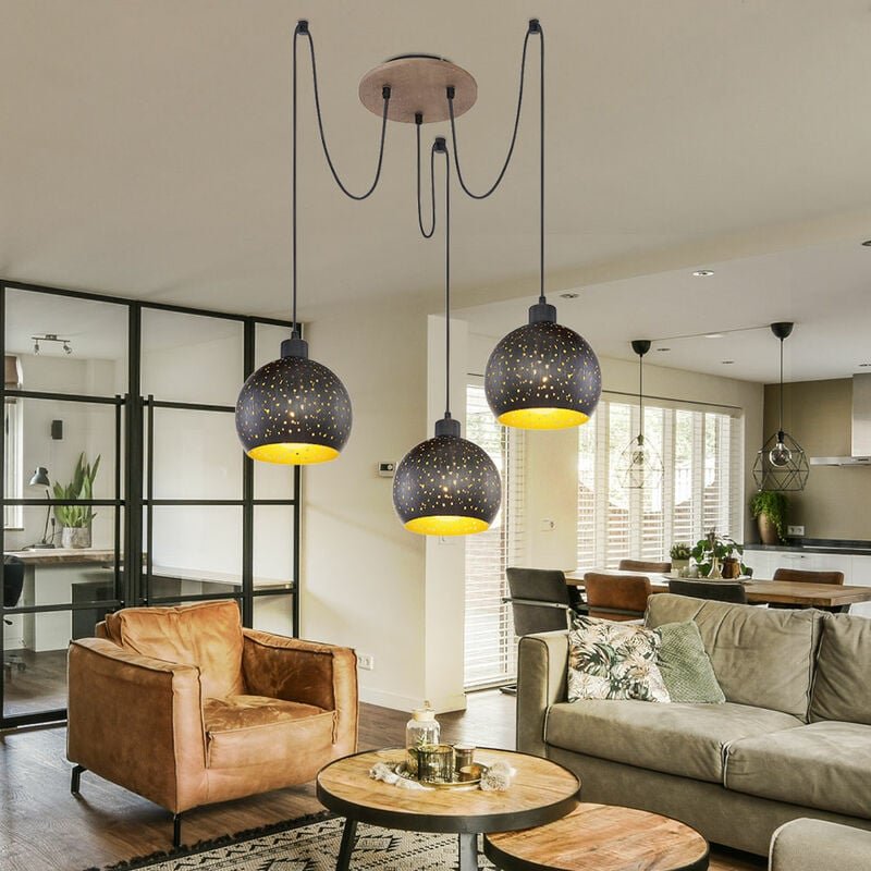 Hängelampe Esstisch Pendelleuchte 3 flammig schwarz, Holz dunkelbraun Metall goldfarben, 3x E27 Fassungen, DxH 20x225 cm